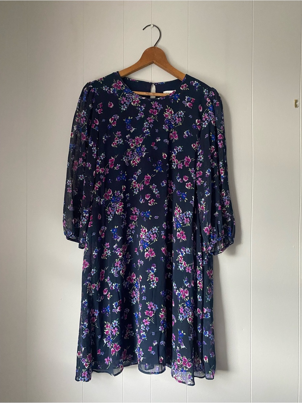 Calvin Klein Navy Floral Midi Dress with Pink & Purple Blooms